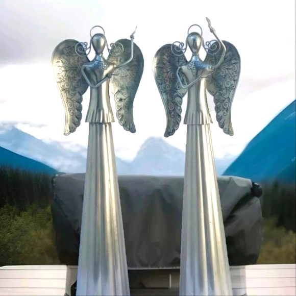 Other - Large Metal Angels Statues Lot Bent Etched 22x6" Christmas Decor Church